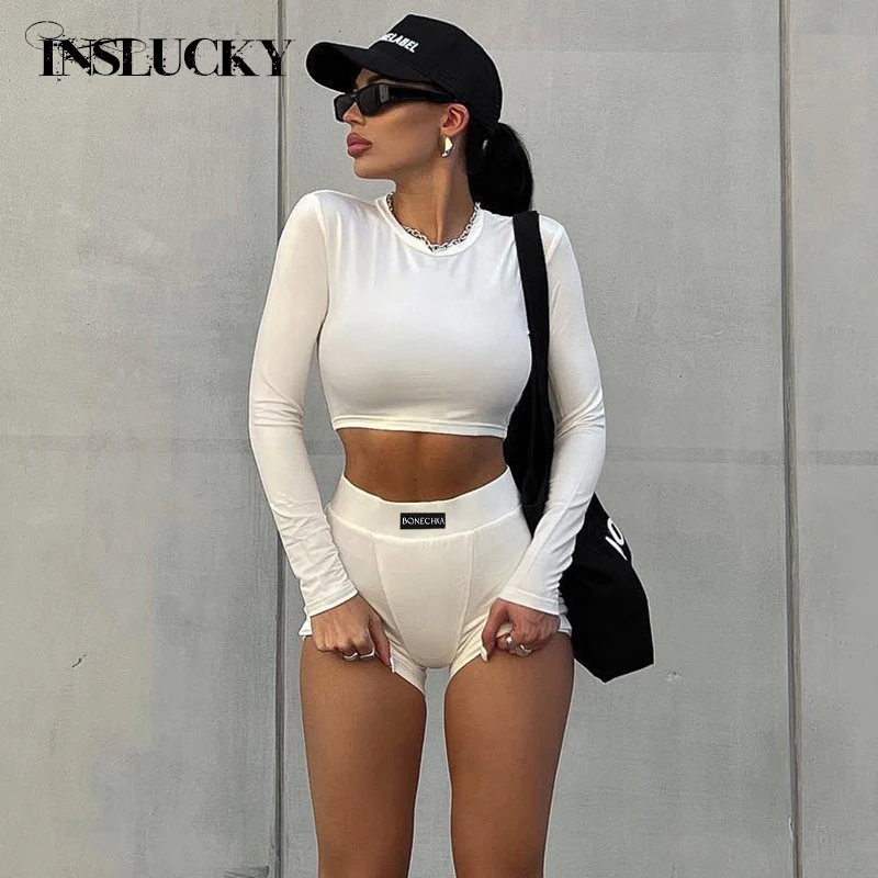 InsLucky Sports Long Sleeve Crop Top Matching Letter Print High Waist Shorts Two Piece Set Casual Skinny Suit Women Sexy Fashion