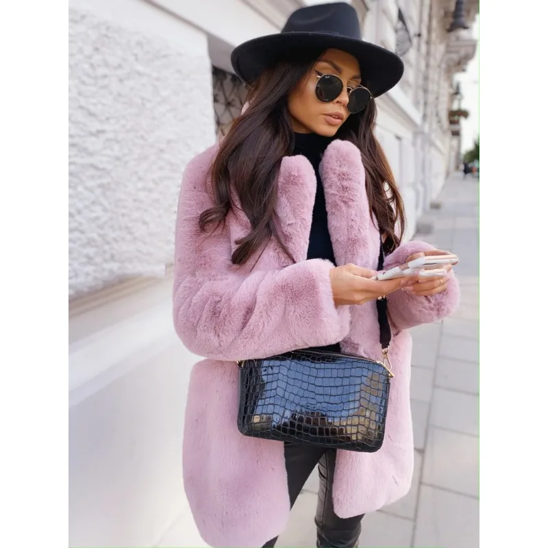 2023 European American Temperament Commuter Long Sleeve Lapels Imitation Fur Coat Solid Color Warm Plus Size Fur Overcoat