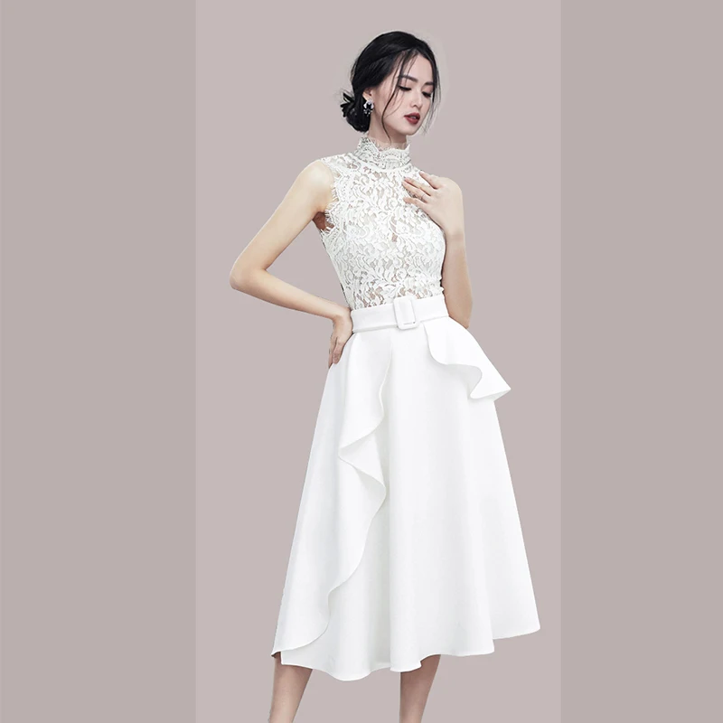 

Fashion Women's Stand Collar Dress Runway Summer Ruffles White Sleeveless Lace Patchwork Tank Big Swing Dress With Belt