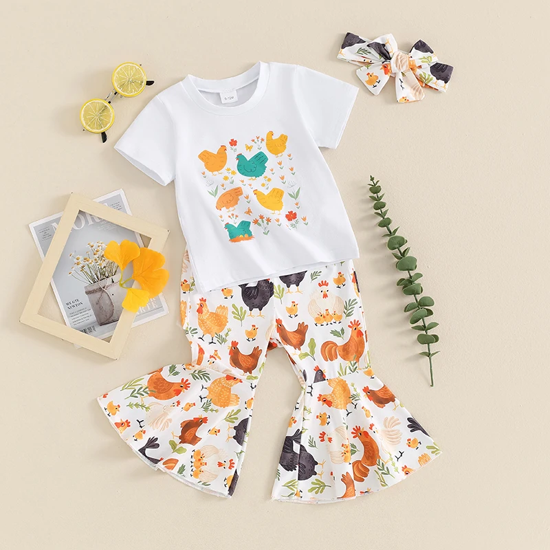 

Little Girl Summer Set Short Sleeve Flower Print T shirt Tops Rooster Print Flare Pants Headband Baby Toddler 3 Piece Outfits