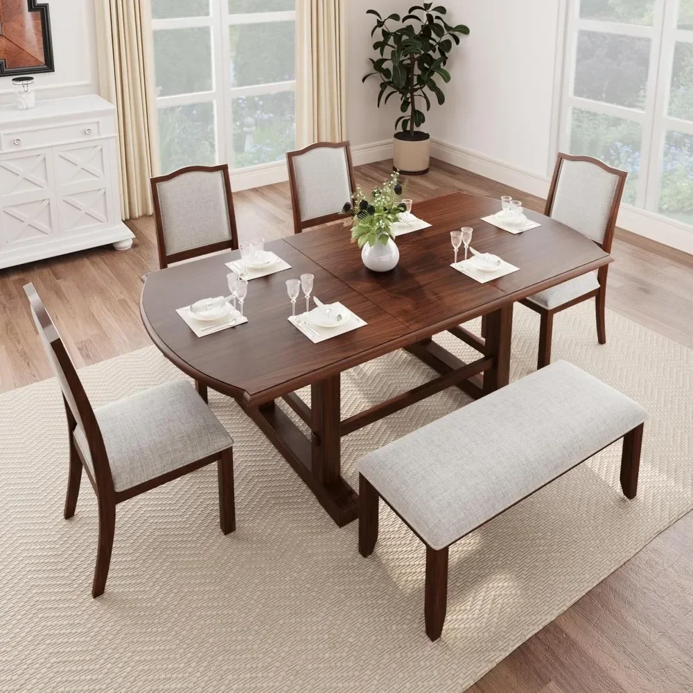 6-Piece Dining Table Set, Extendable Wood Table with 18-inch Removable Leaf, 4 Upholstered Chairs and Bench, Dining Table Set 2