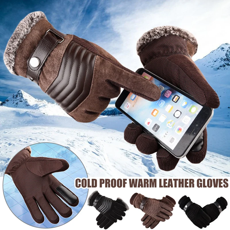 

Brown Black Mens Leather Gloves Real Pigskin Russia Winter Gloves Warm Thick Driving Skiing Men's Gloves Guantes Luvas