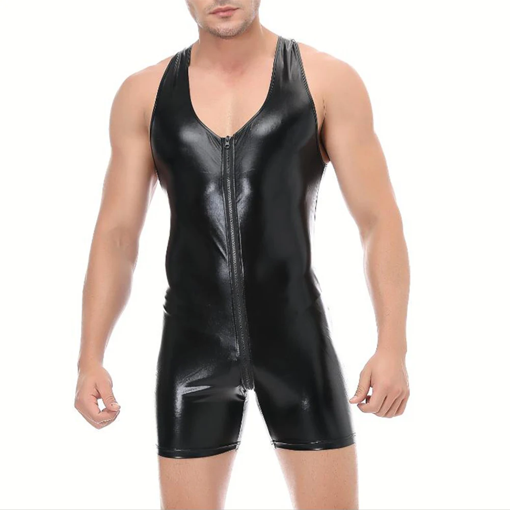 

Faux Leather Zipper Open Crotch Bodysuit Shorts Sleeveless Mens Sexy Tight Playsuit Overalls Exotic Parties Night Clubwear A50