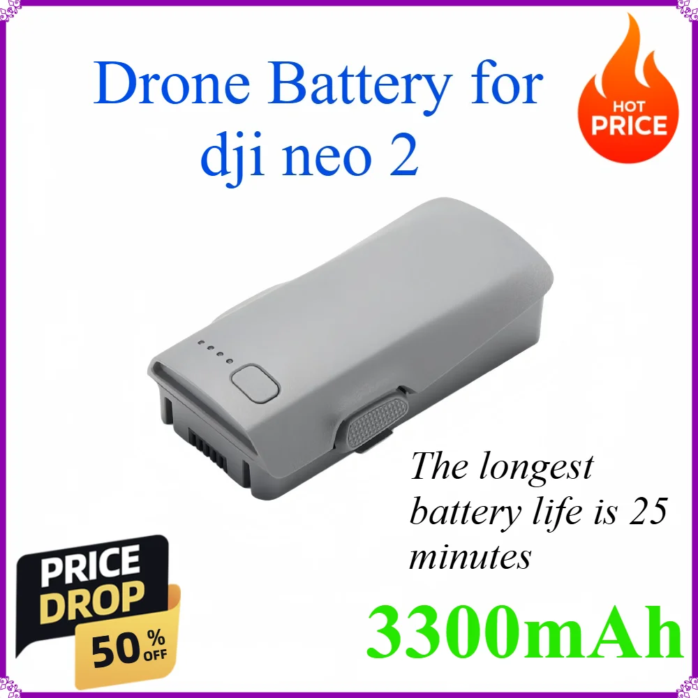Batterie Drone 3300mAh Compatible DJI Neo 2 posée sur une surface blanche, avec câble de charge à côté.