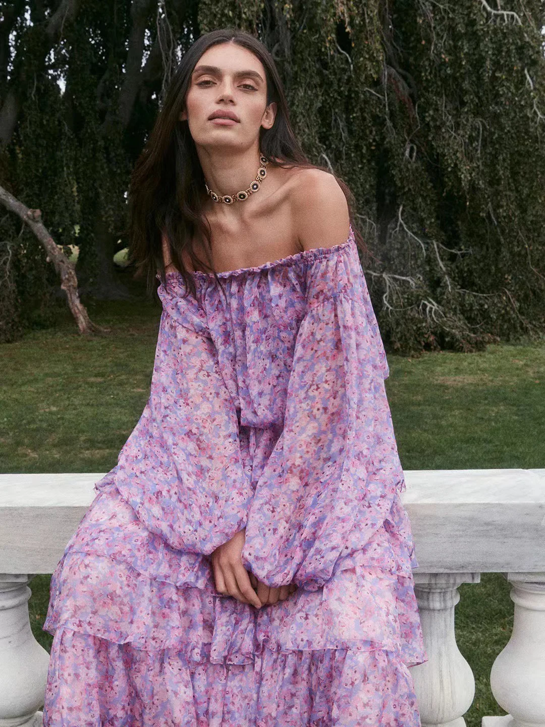 

2023 Women High Quality Silk Shirts Runway Designer Chic Flowers Printing Casual Lantern Sleeve Blouse Fashion Slash Neck Tops