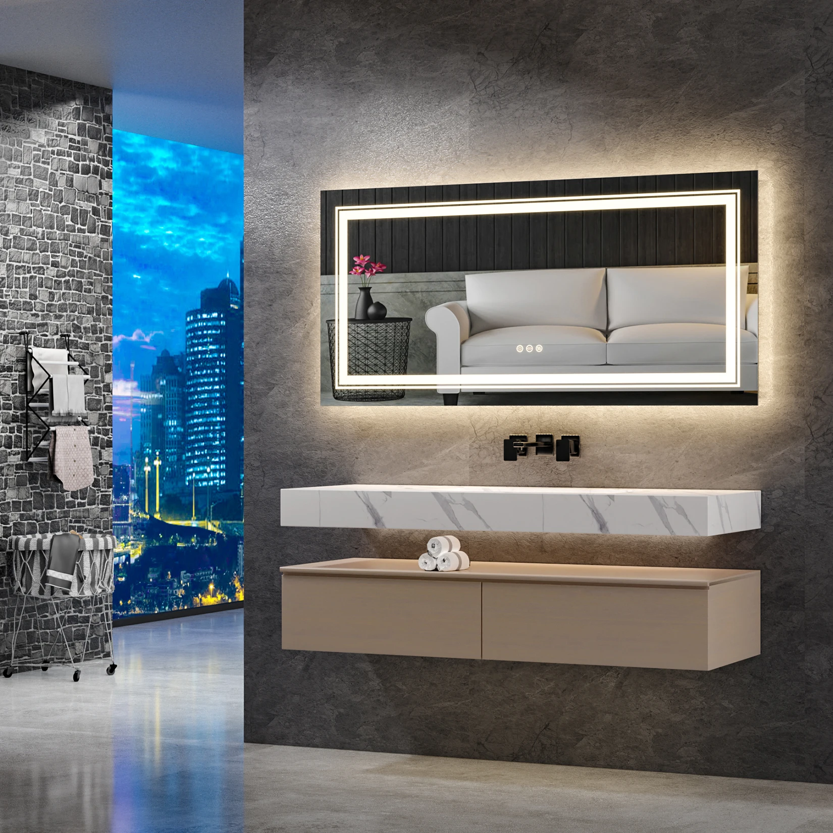 Extra Large Rectangle Bathroom Mirror LED Vanity Dimmable Backlit Anti-Fog Memory with Front and Backlight Shatter-Proof 2