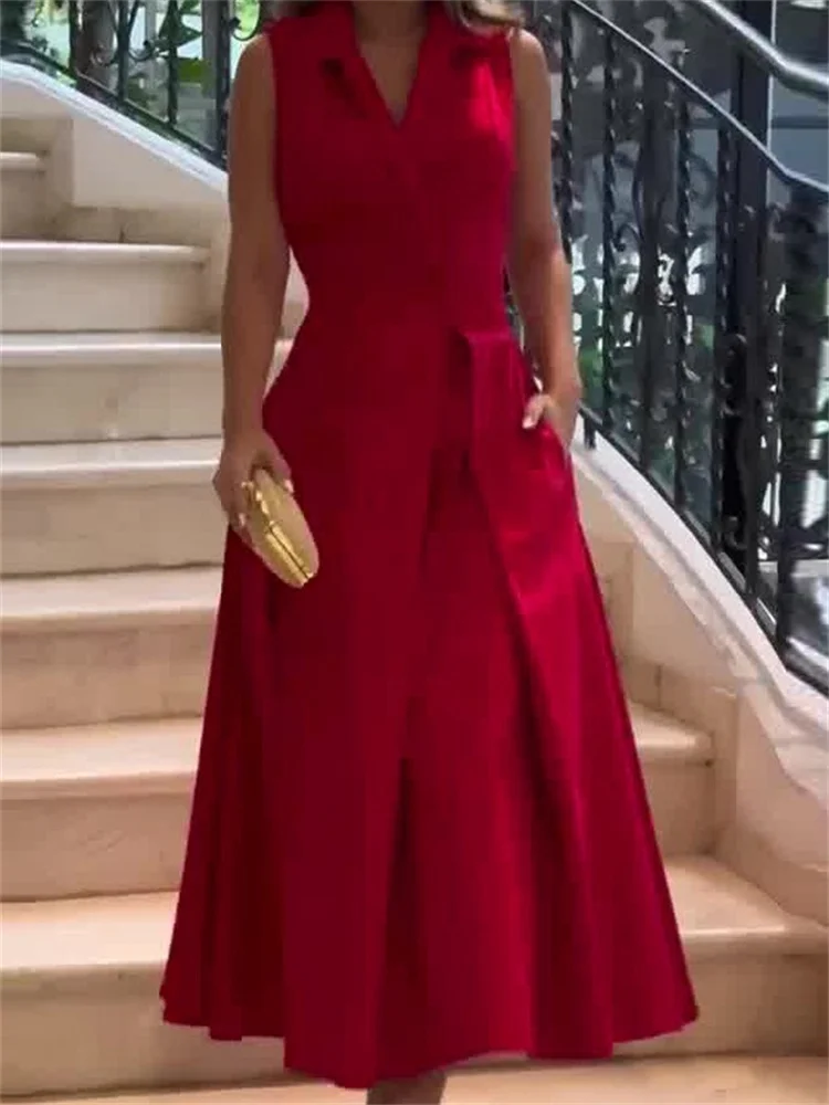 Wmstar Women's 2024 Summer Dresses Elegant Party Solid Color Lapel Fold Long Sleeveless Elegant Dress Wholesale Dropshipping