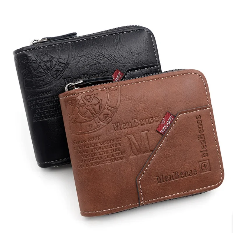 New PU Leather Wax Oil Skin Wallet for Men Coin Purse Short Male Card Holder Wallets Zipper Around Money Coin Purse Dropshipping 2