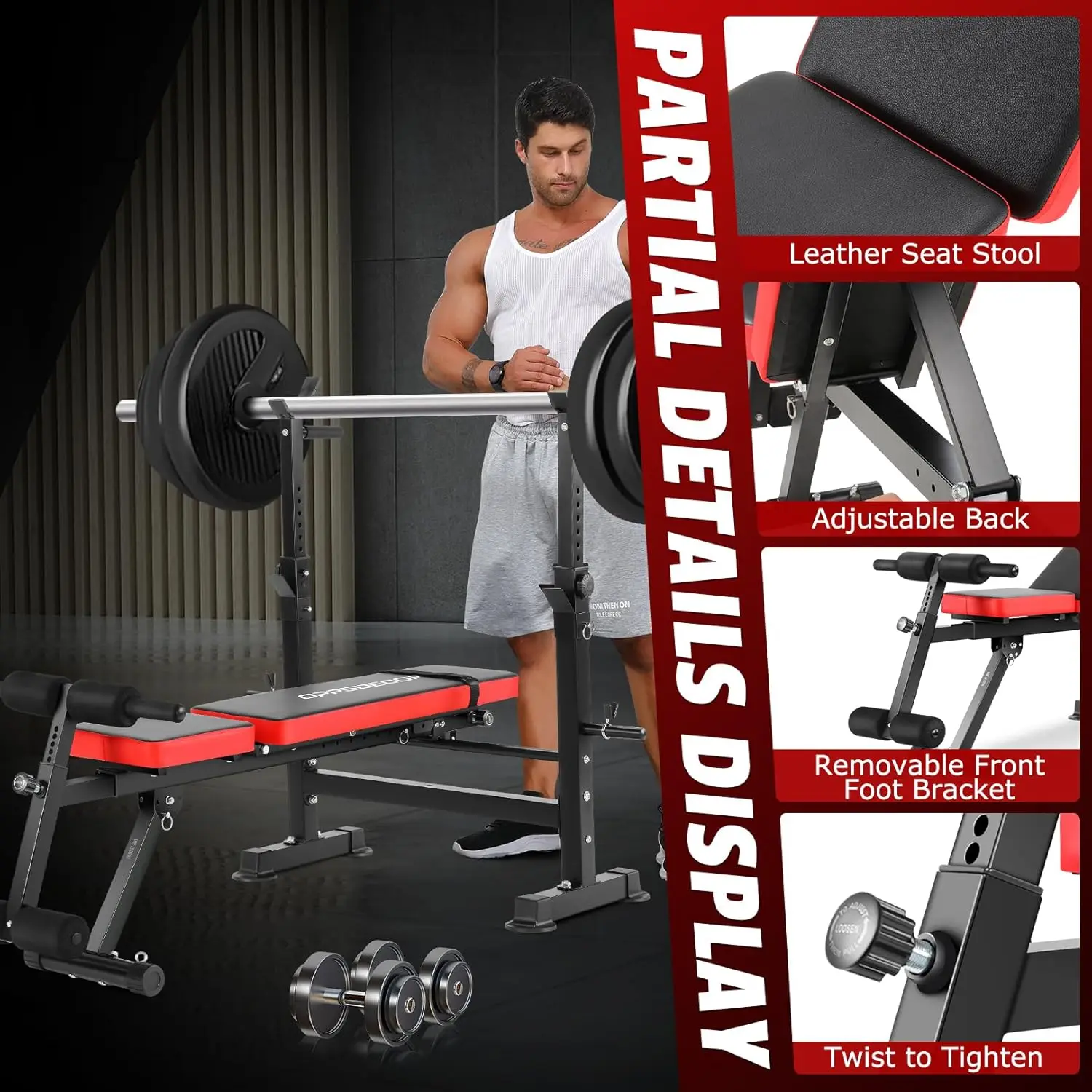 Adjustable Weight Bench Set with Squat Barbell Rack, Removable Foot Bracket, 600lbs 6 in 1 Weight Bench, Foldable Work