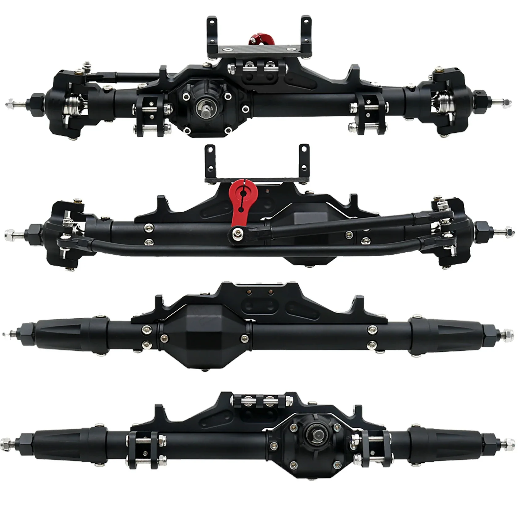 Essieu avant pour crawler RC 1/10, compatible Axial SCX10, montrant le boîtier d'essieu et les arbres de transmission.