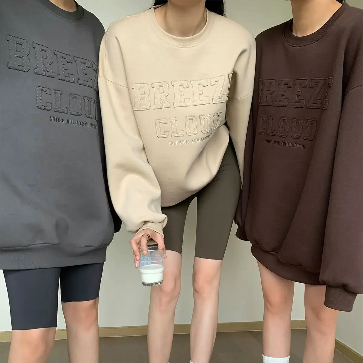 

Three-dimensional Patch Embroidered Letter Round Neck American Sweater Women's Fall Winter Loose Off-shoulder Long-sleeved Top