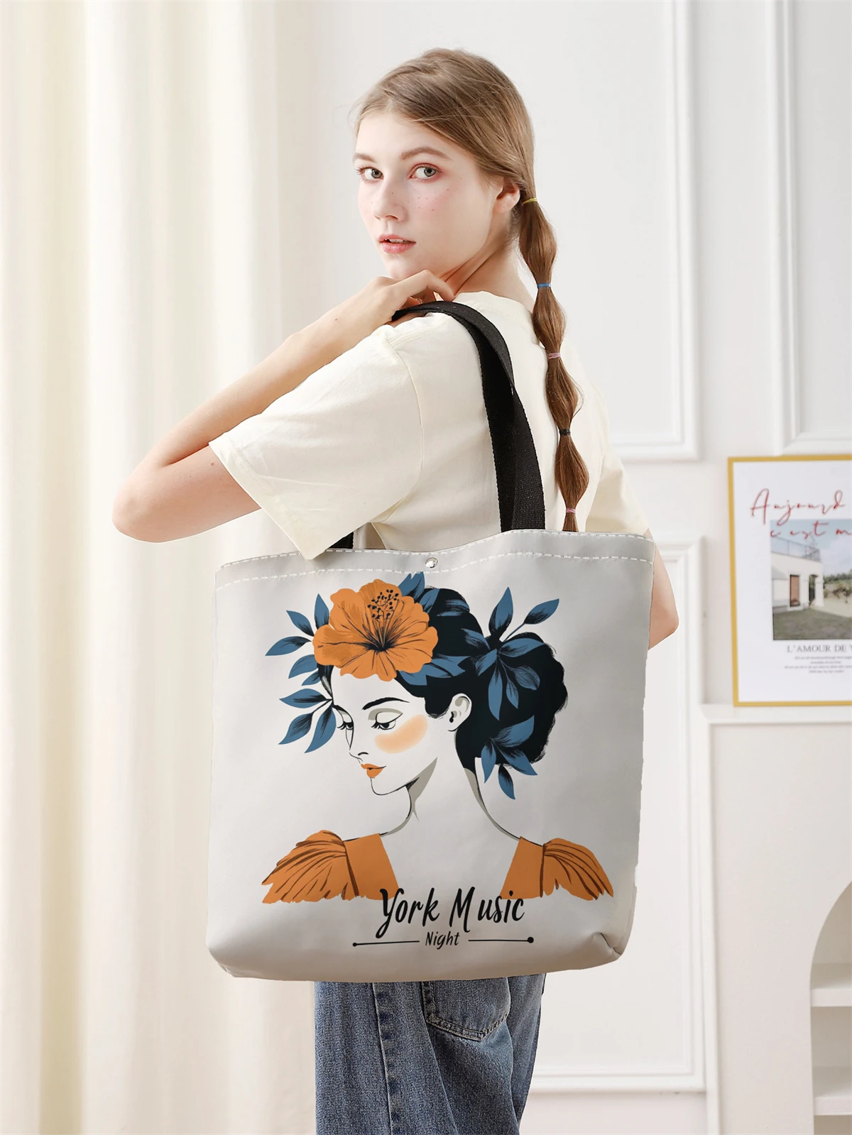 1pc，Cartoon character printed pattern handbag, reusable fashionable handbag, multifunctional handbag, printed canvas shopping b