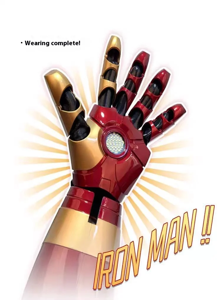 Person wearing Iron Man Mark 42 armor gauntlet demonstrating the perfect fit and authentic movie-accurate design