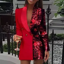 Women Fashion Club Female Colorblock Sequin Jacket Long Sleeve Blazer Mini Party Club Vestidos Streetwear
