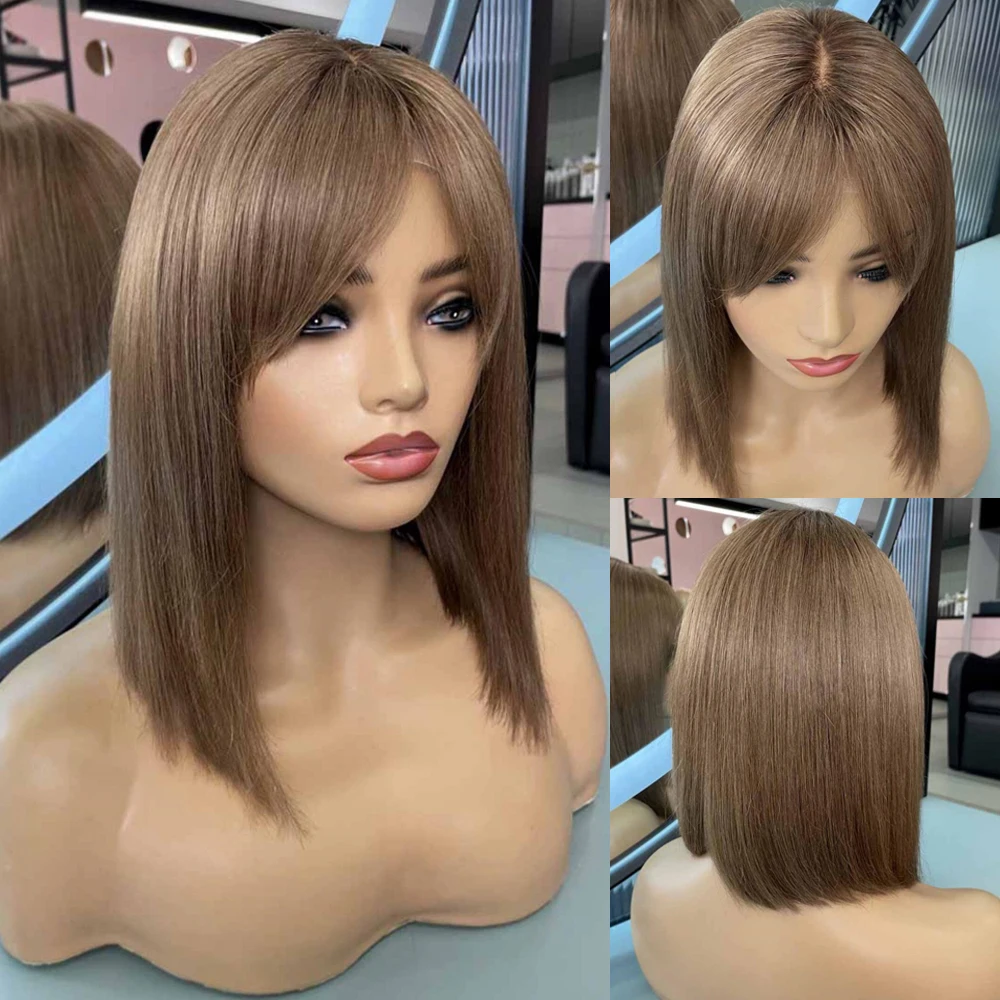 

Short Bob Straight 13x4 HD Lace Front Wig With Bangs Glueless Transparent Pixie Cut Ash Blonde Colored Frontal Wigs for Women