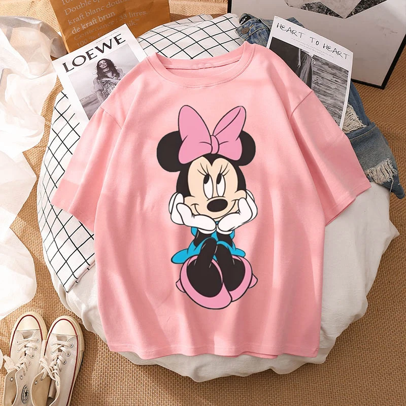 Woman Summer New 2022 Hot Cartoon Disney Mickey And Friends Minnie Mouse Leopard Bow Portrait T-Shirt Short Sleeve Teen Tops chrome hearts t shirt