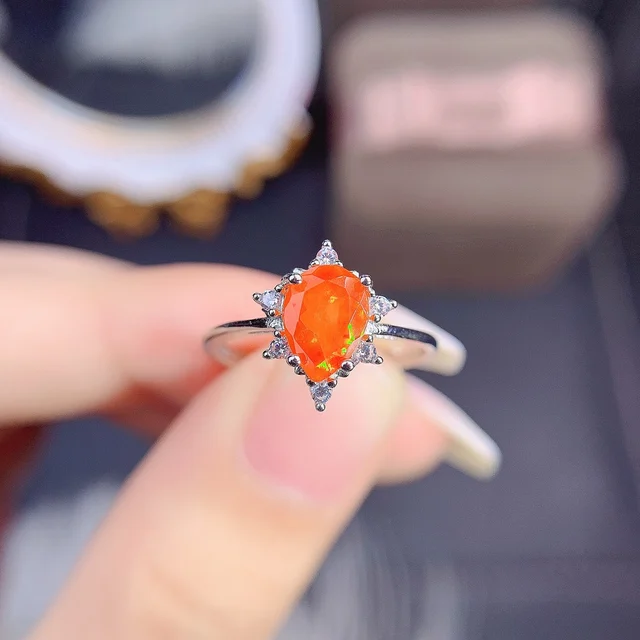 メキシコオレンジファイヤーオパール花リング925スターリングシルバー 