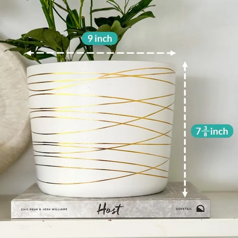 9 Inch Ceramic Plant Pot - Matte White with Gold Stripes - Drainage Plug Included 2