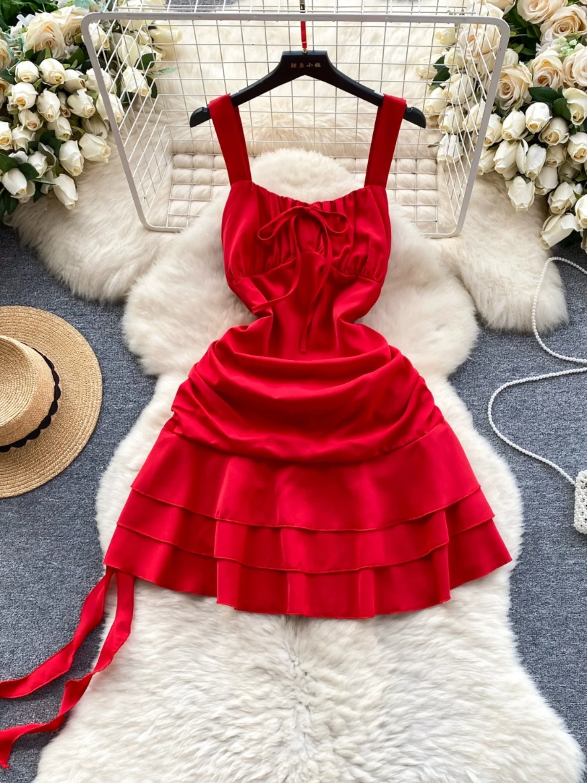 

French Chic Sexy Dress for Women Spaghetti Strap Ruffles Folds Backless Female Mini Dresses A-line High Waist Vestidos Dropship