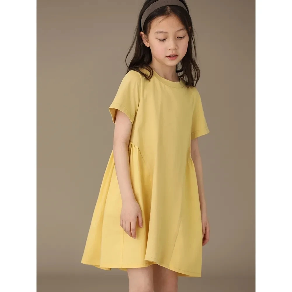 

Summer Girls' Short Sleeve Dresses Kids Solid Cotton Casual Dress Girl Clothing Children Toddler Dresses in Yellow 4-14Years