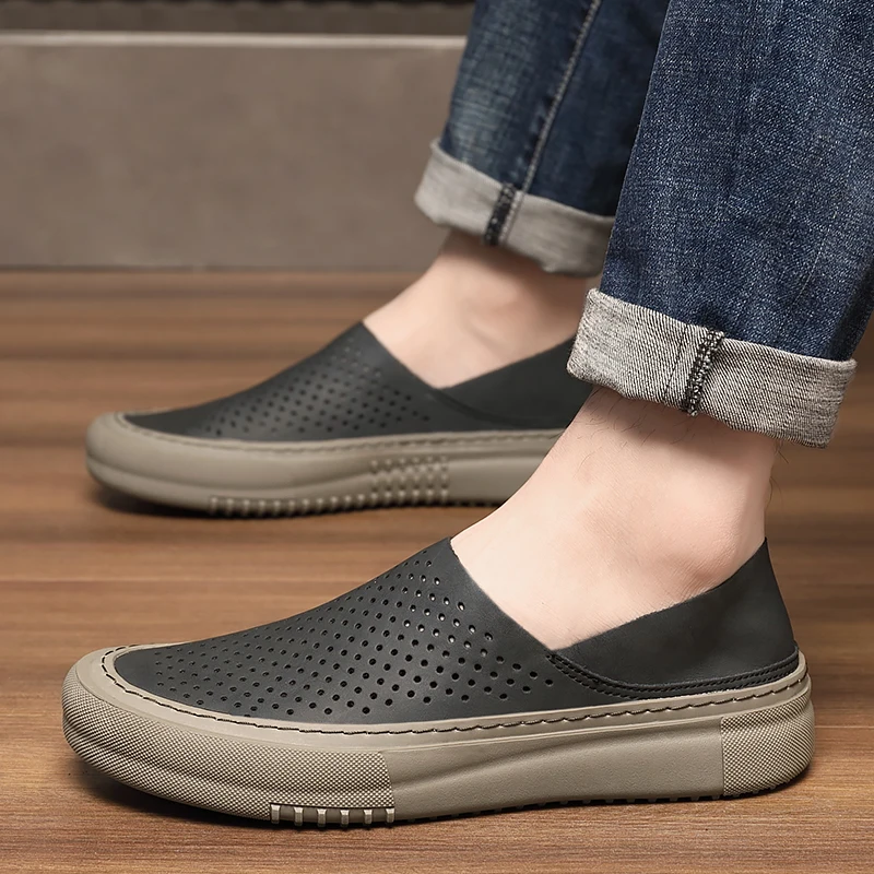 2024 New Summer Men's Shoes Plaid Hollow Breathable Casual Men's Shoes Slip-On Lazy Shoes Doudou Loaf Driving Shoes 2