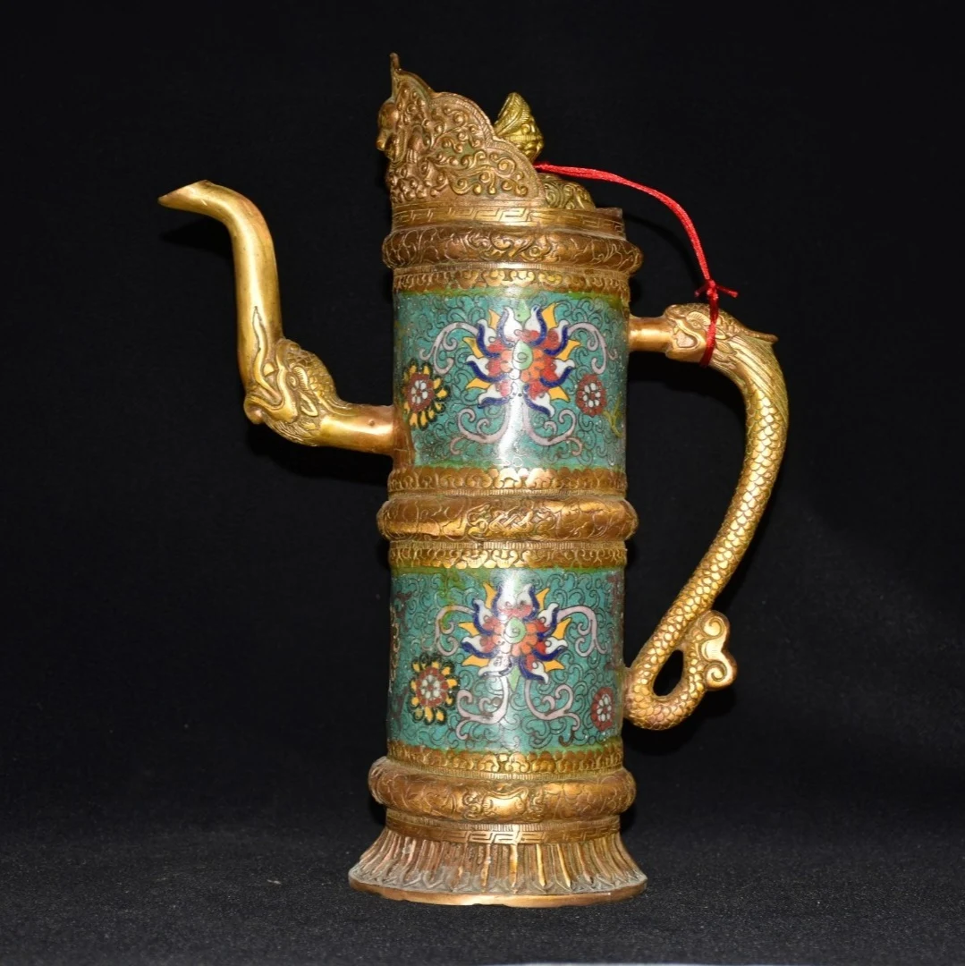 

13"Tibetan Temple Collection Old Bronze Cloisonne Enamel Flower Texture Dragon handle hidden Pot Flagon Kettle Ornament