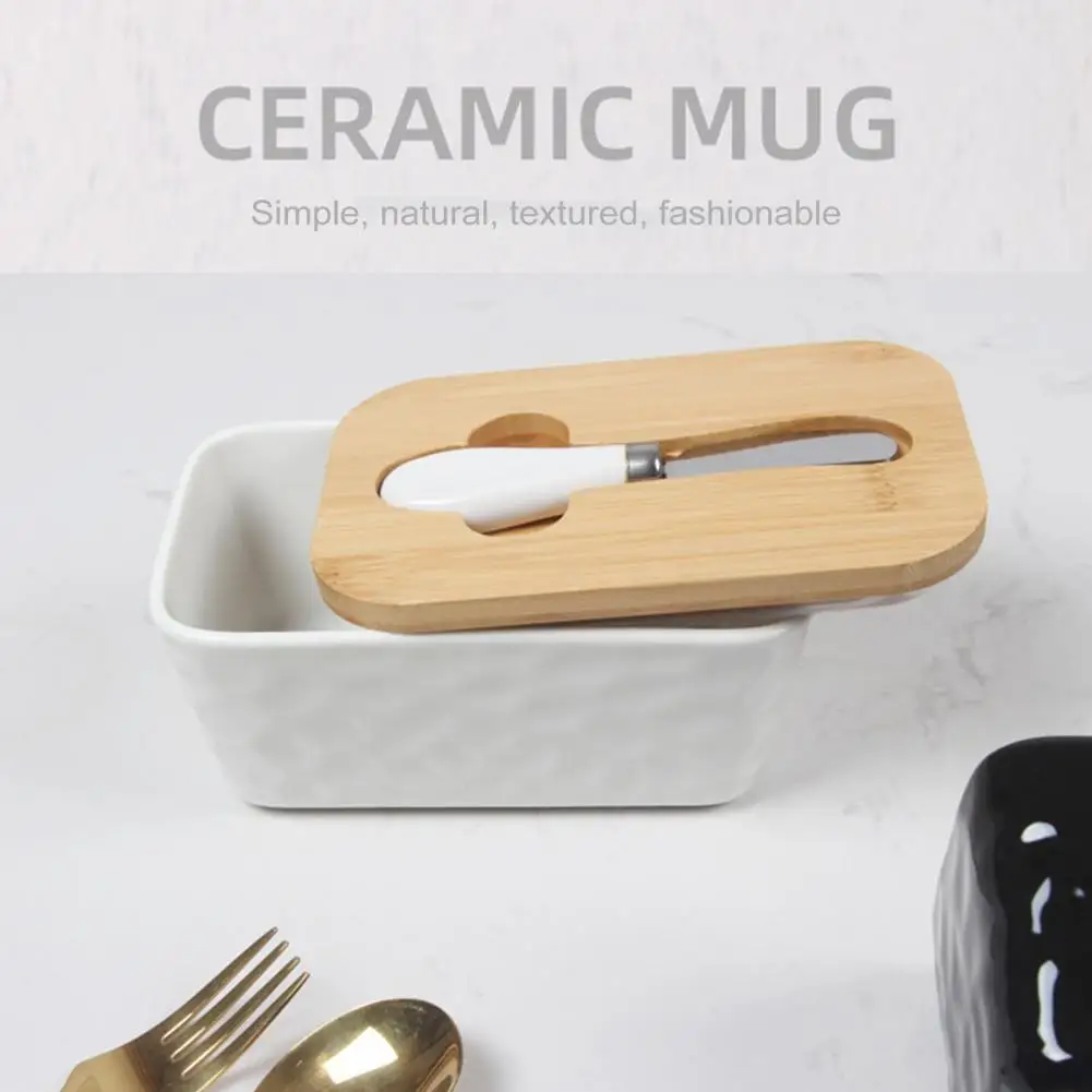 Dishwasher Safe Butter Holder Elegant Ceramics Butter Dish with Wooden Lid Stainless Steel Cutter Capacity Fridge for Kitchen