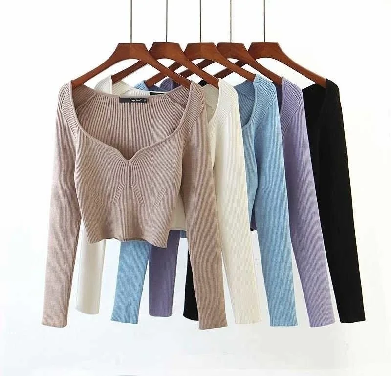 

Knitted pullover sweater 2023 short square collar thin section loose V-neck long-sleeved women's new fashion sexy sweater top