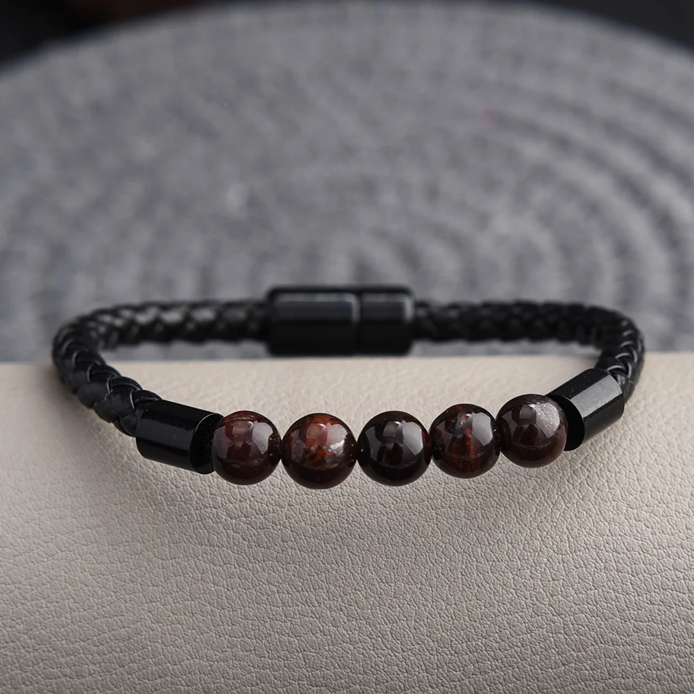 High Quality Leather Bracelet Lava Chakra Stone Beads Black Tiger Eye Bracelets Magnetic Buckle Bangles Braid Rope Chain for Men 6