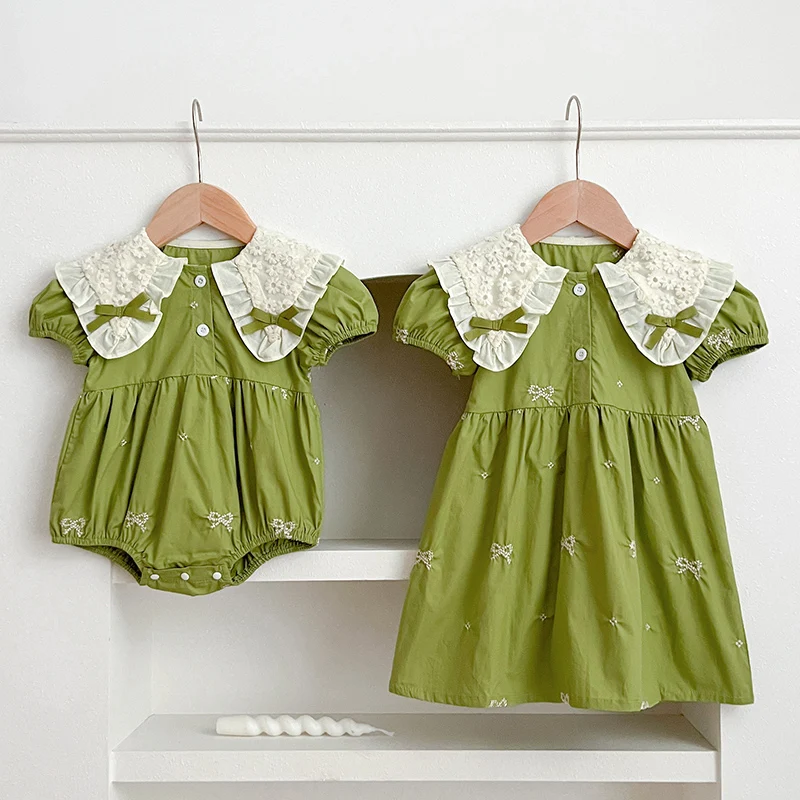 

2024 New Summer Kids Party Dress Girls Princess Dress Short Sleeved Cotton Embroidery Splicing Toddler Bodysuits Sisters Clothes