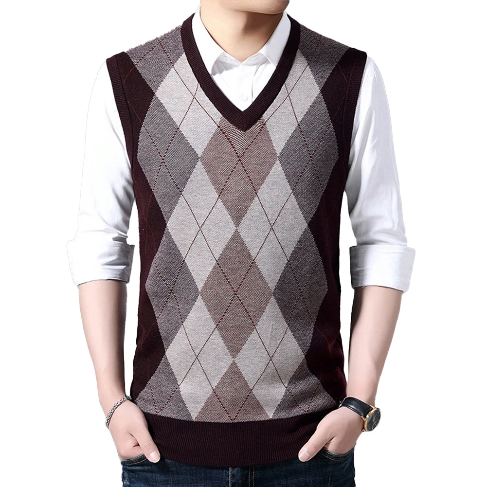 Casual Wool Prismatic Plaid Sweater Vest Fashion Cashmere Knitted V Neck Sleeveless Pullover Tank Top Vests Clothing For Men