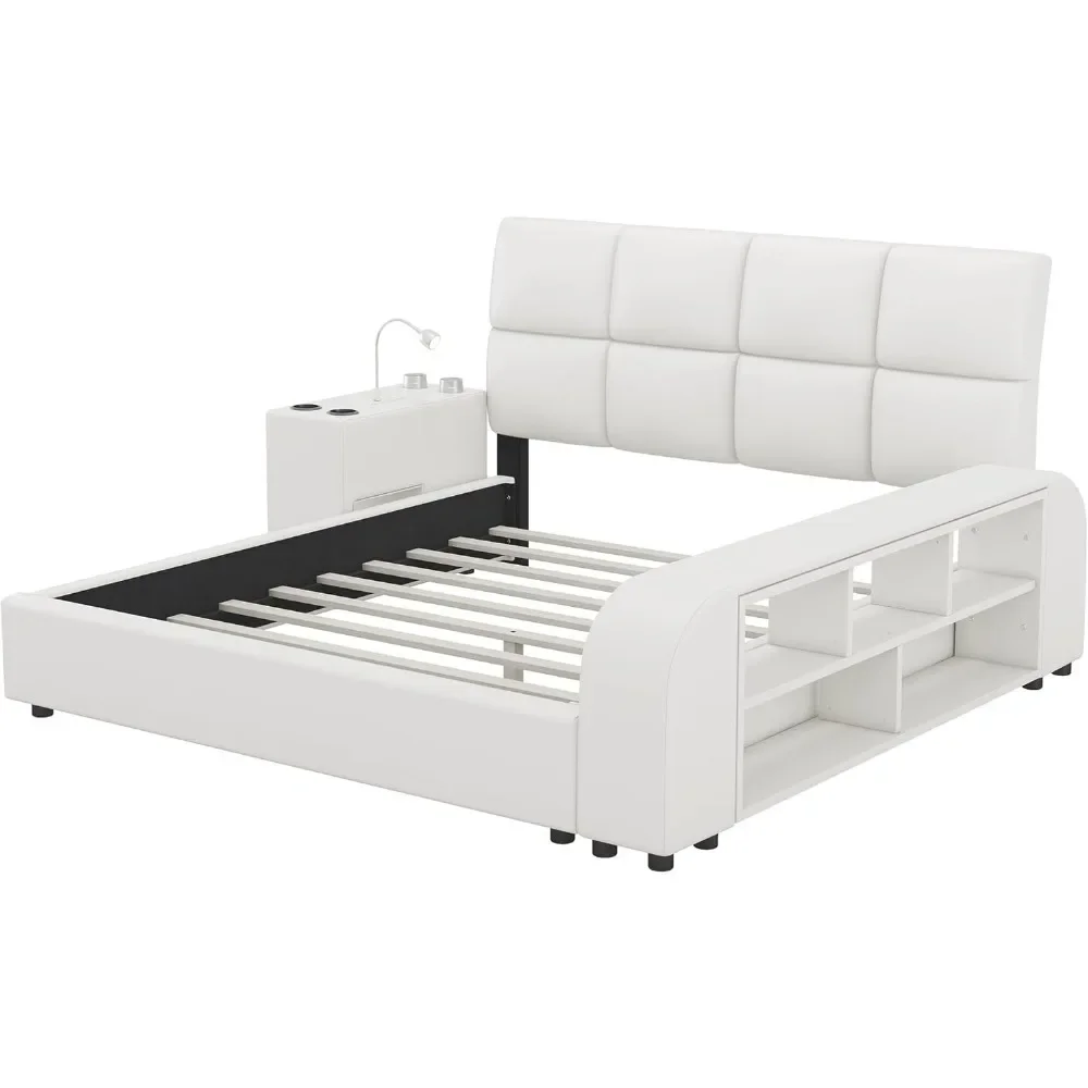 Queen Size Smart Bed Frame with Storage Shelves and Multimedia Nightstand, Upholstered Platform Bed with Headboard and Light 6
