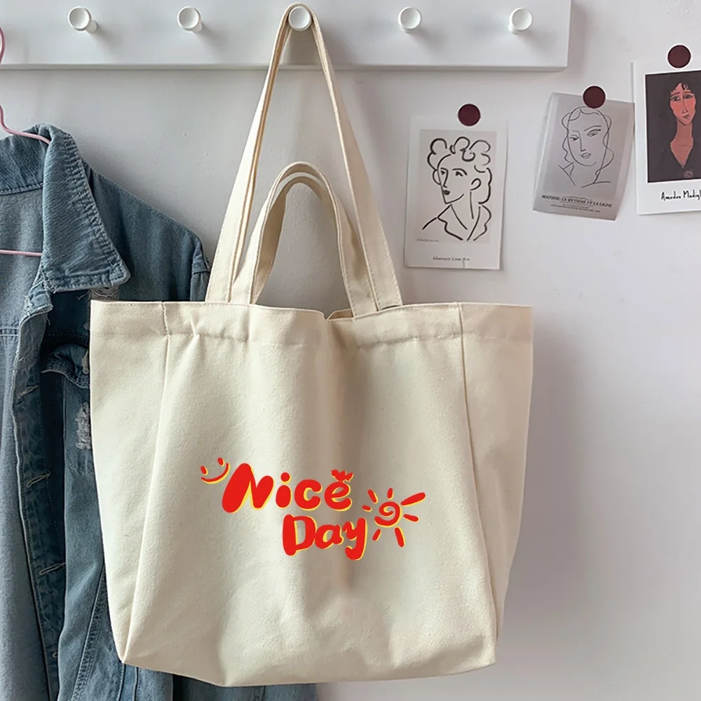 Women's Shoulder Shopping Organizer Bags 2022 Canvas Food Printed Shopper Handbag Reusable Large Capacity Casual Tote Bags