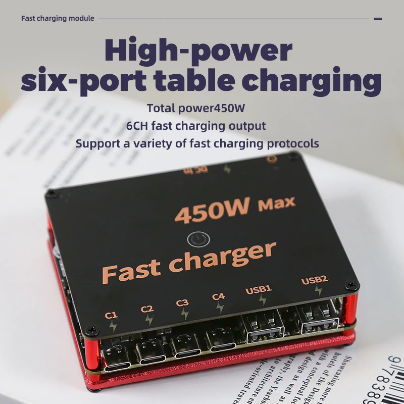 

450W Six-way High Power Simple CNC Aluminum Quick Charge Indicator Shell Mechanical Style Fast Charging Desktop Charger