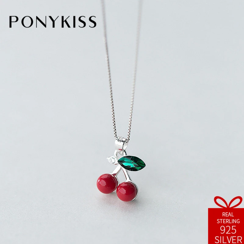 

PONYKISS Cute100% 925 Solid Sterling Silver Cherry Zircon Chain Necklace Chain Women Fine Jewelry Engagement Party Gift