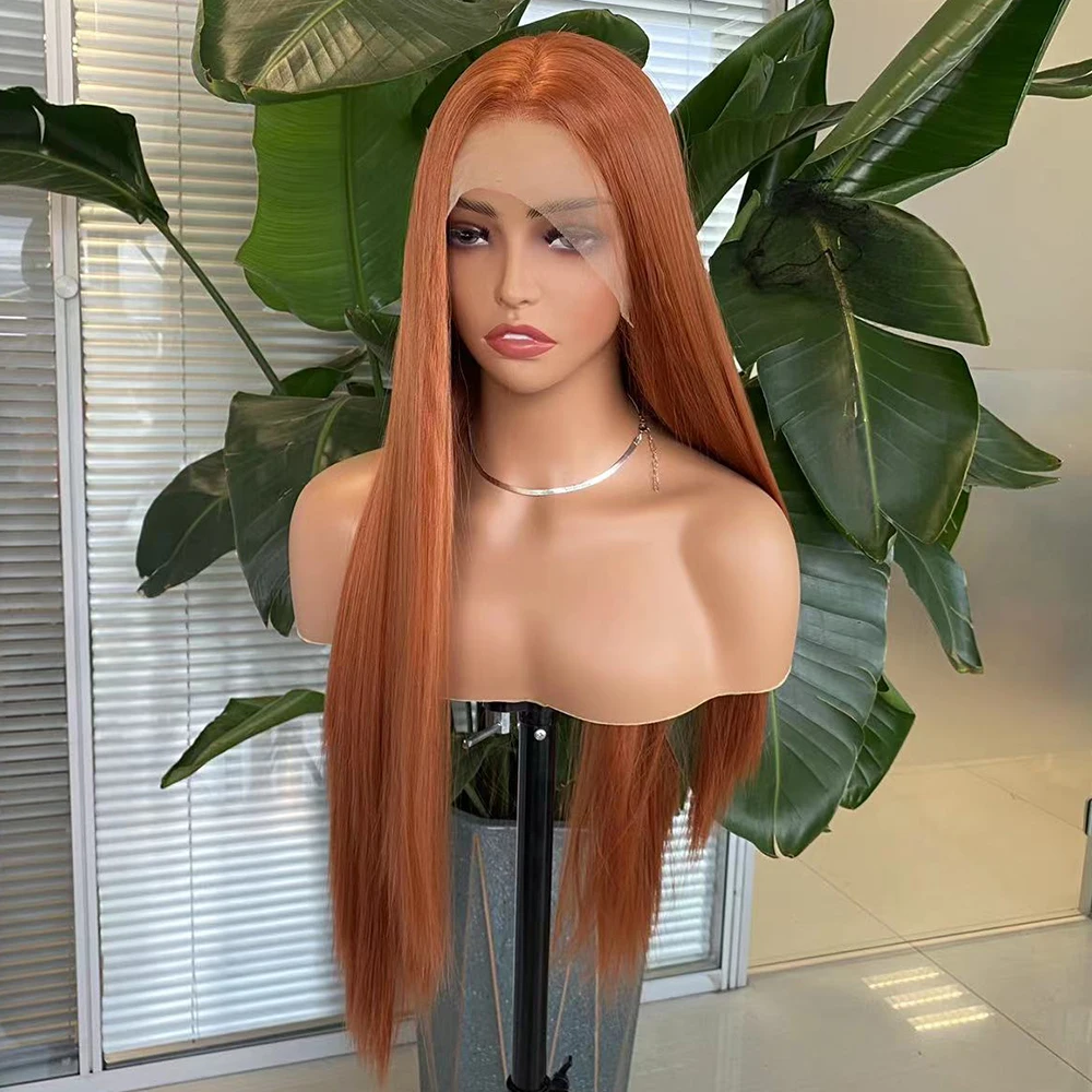 Ginger Long Straight Synthetic Lace Wig Auburn Orange Lace Front Wig For Women Long Silk Straight Daily Use Cosplay