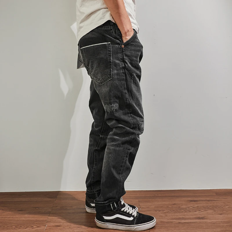 Autumn men's new retro red-eared denim high-end slim straight jeans heavy thick patch trousers