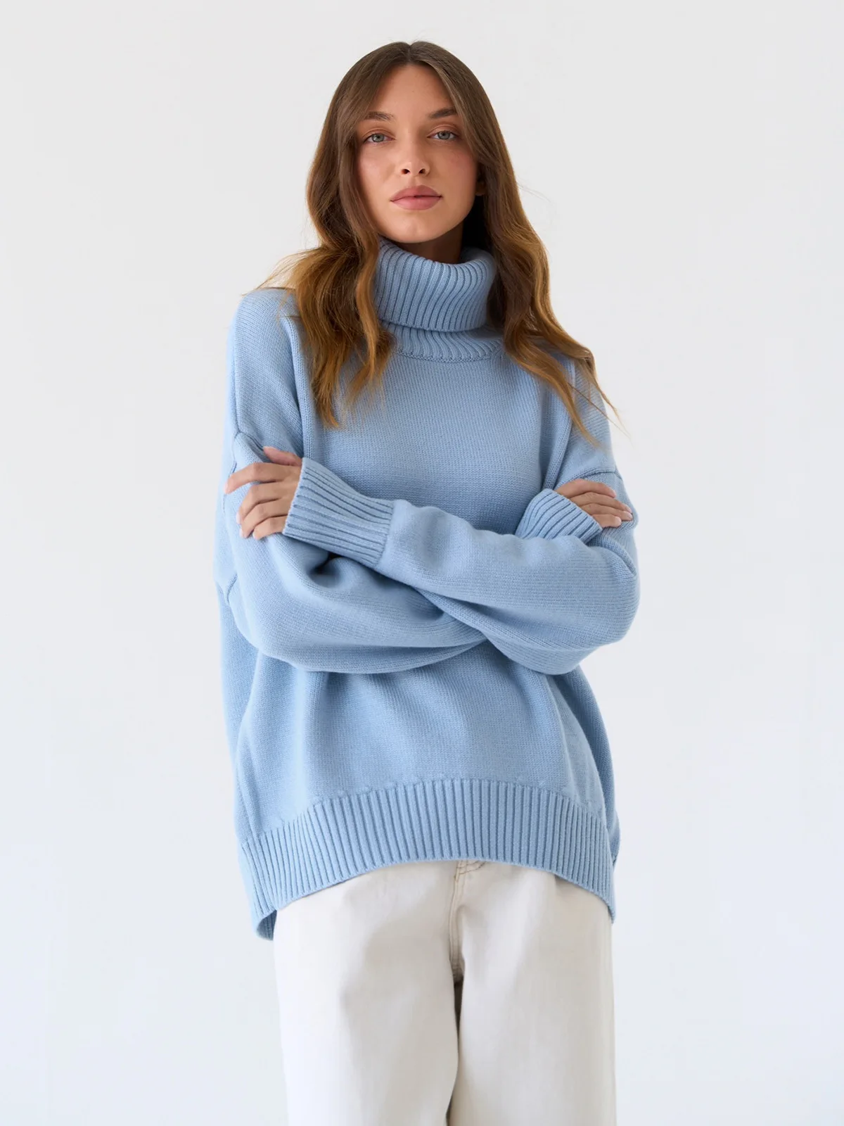 Soft Turtleneck Sweater   Women’s Fall Winter and Spring Loose Ribbed band Knitted womens Classic Versatile Super Warm Solid Color Pullovers Sweaters Workwear Outer for Woman in light sky  blue