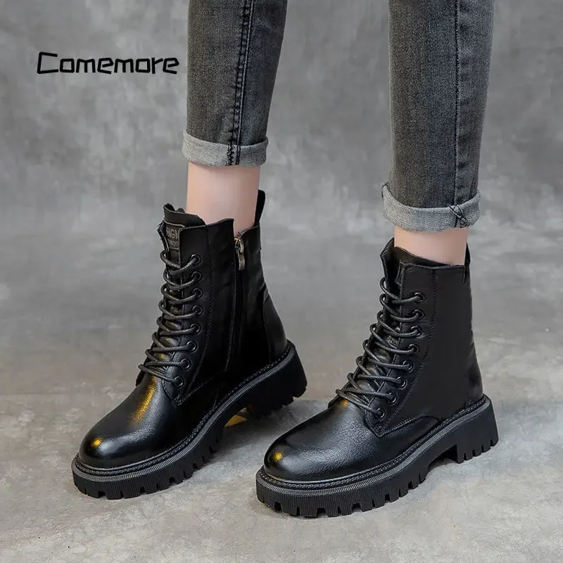 Comemore Boots Fashion Goth Shoe Woman Casual Autumn Leather Female Ankle Boot Platform Women's Footwear Women Shoes for Winter