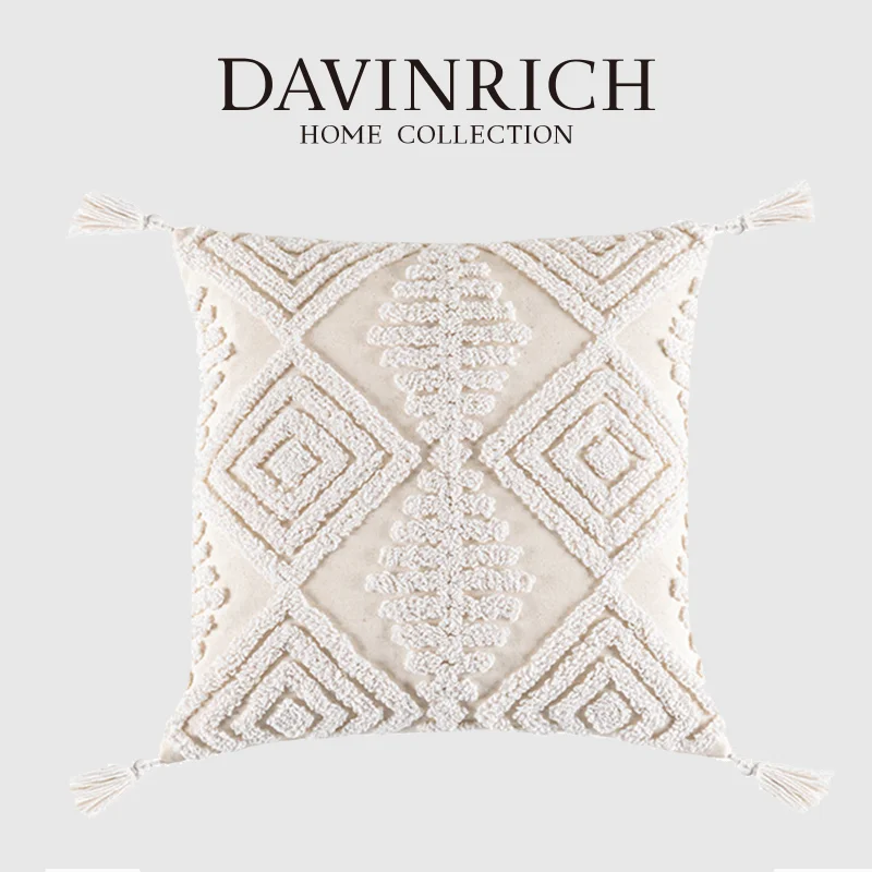 Davinrich Morocco Tufted Throw Pillow Case With Tassels Boho Farmhouse