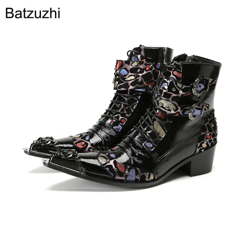 

Batzuzhi 6.5cm Heels Punk Genuine Leather Boots Men Iron Toe Lace-up Short Ankle Men's Boots Buckles Zip Motorcycle Botas, 38-47