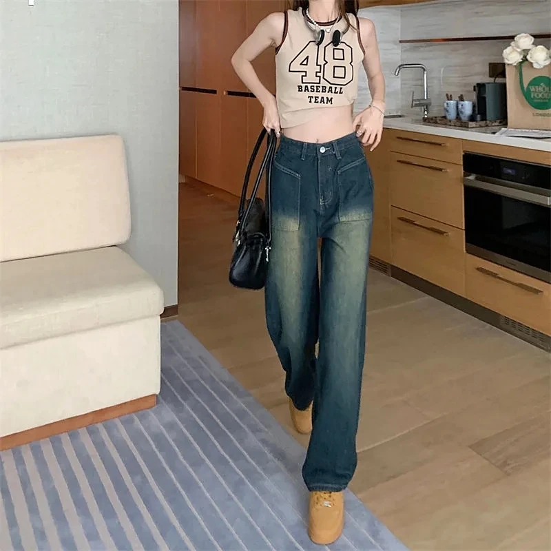 Harajuku Women Jeans Pant High Waist Denim Pants Cotton Wide Leg Denim Clothing Blue Jeans Fashion Straight Pants