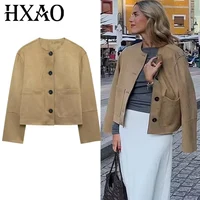 HXAO Jackets Outerwears Cropped Suede Jacket Women Autumn Demi-Season Long Sleeve Coats Casual Button Elegant Short Solid Coats