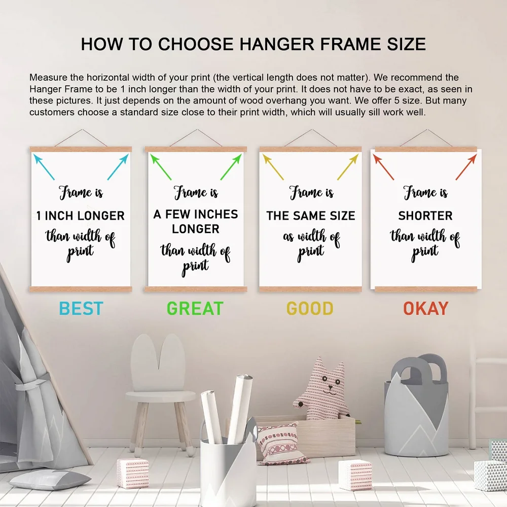 Magnetic Poster Hanger Teak Pine Wood Scroll Painting Frame Wood Photo Frame Black White Canvas 21 30 40 50 60cm
