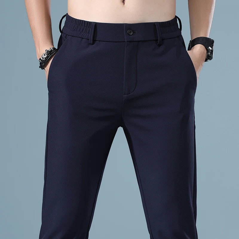 남성용 클래식 스타일 캐주얼 바지, 스트레이트 슬림 비즈니스 바지, 통기성 아이스 실크 원단 스트레치 바지, 한국 패션, 여름 