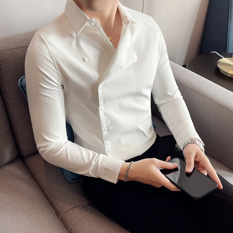 HighQualityHandsomeMensEnglandShirtFashionSideButtonDownLong