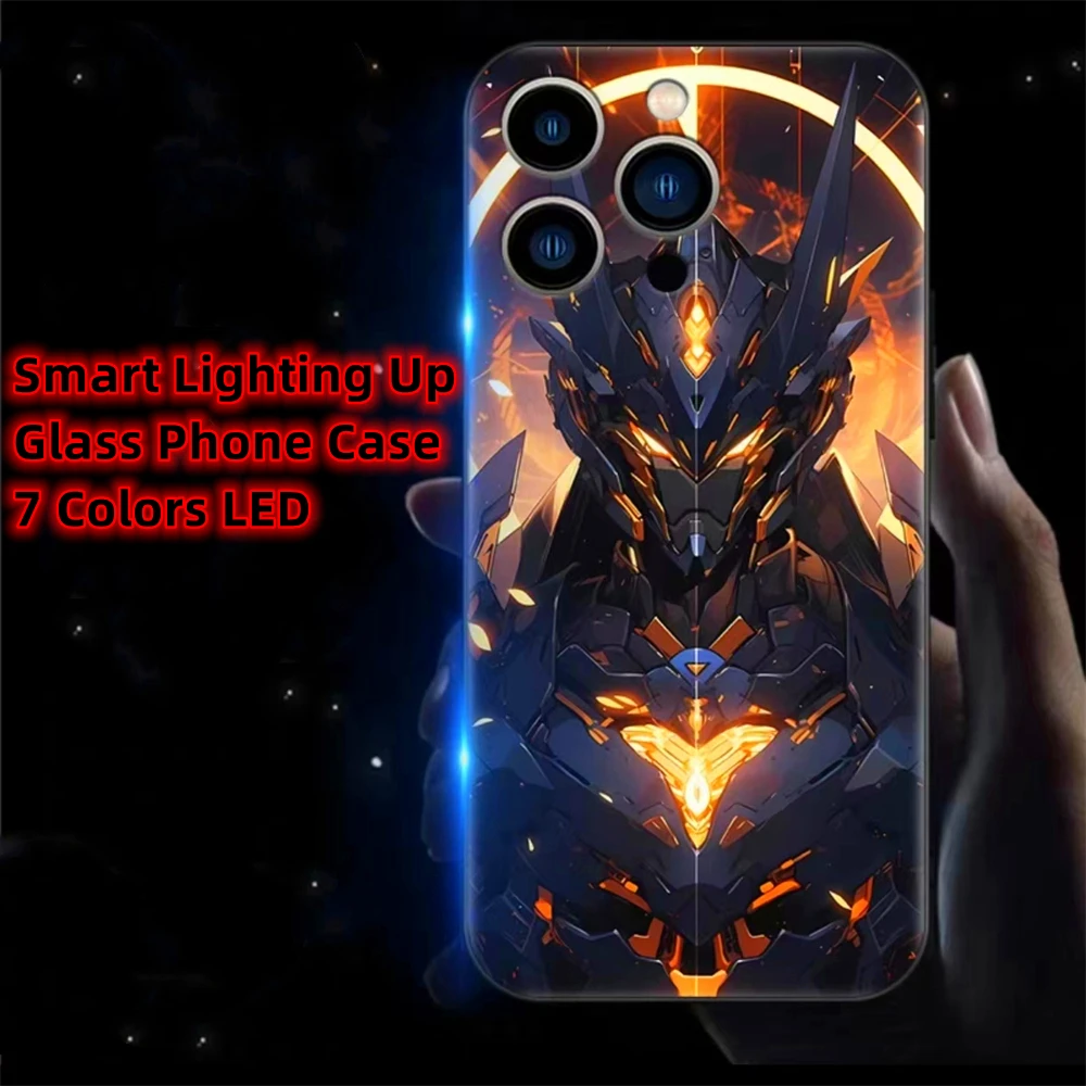 

Cool Hell Mech Design Smart LED Light Glow Tempered Glass Phone Cases For Samsung S24 S23 S22 S21 S20 FE Note 20 Plus Ultra A54