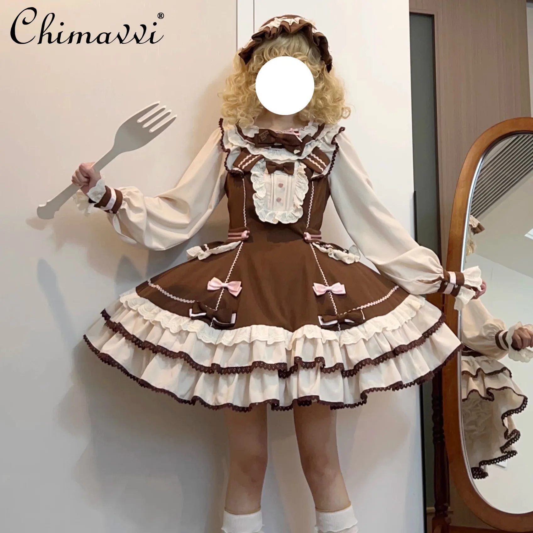 Cute Girl OP Brown Lolita Dress 2025 Spring New Sweet Bow