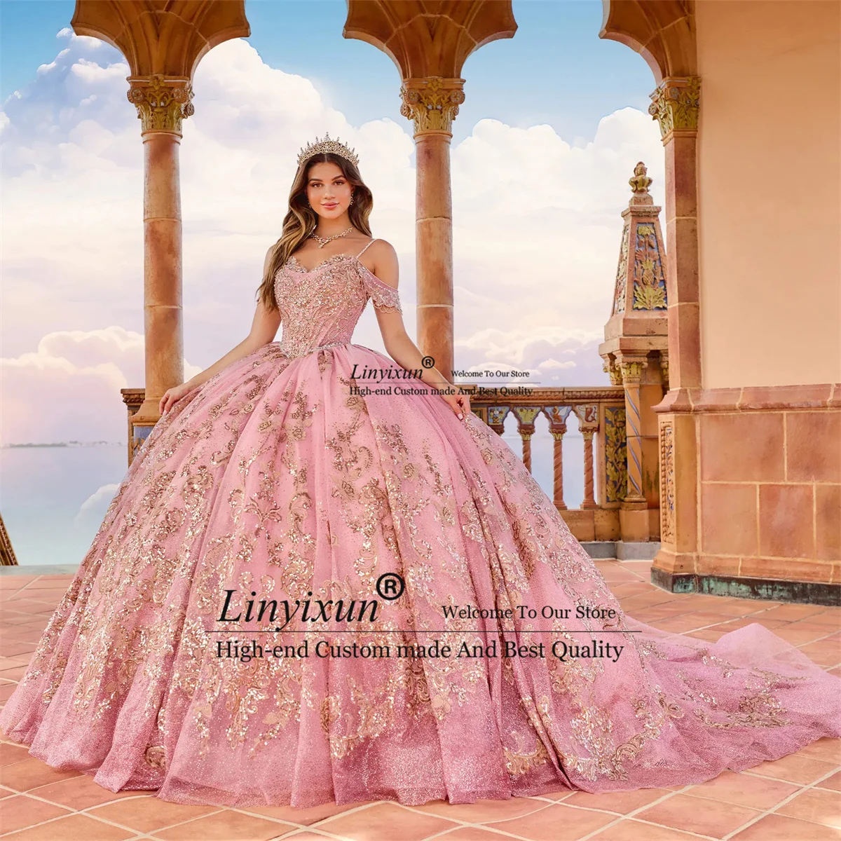 Luxury Sequin Appliques Quinceanera Dress Elegant Tulle Off Shoulder Birthday Sweet 16 Dress vestidos de 15 a&ntilde;os