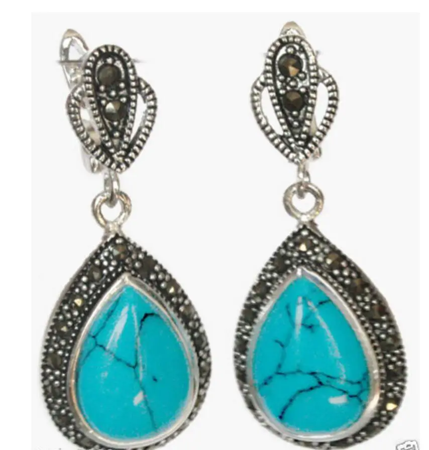 

hot sell new - Hot Sale 925 Sterling Silver Jewelry Blue stone Marcasite Teardrop Earrings